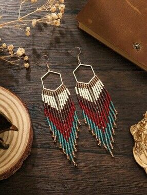 South Western Hexagon Fringe Beaded Earrings